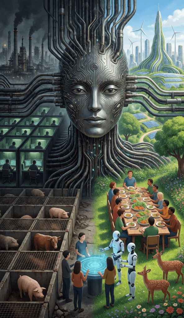 AI face with suffering on the left, and plant-based living on the right