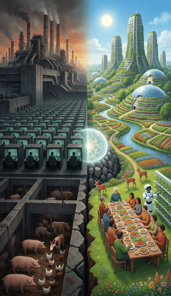factory farms and AI slavery on the left eco village and plant based living on the right (2)